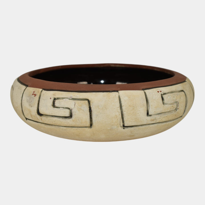 Weller Souevo 1910s Vintage Art Pottery Hand Carved Native American Design Bowl
