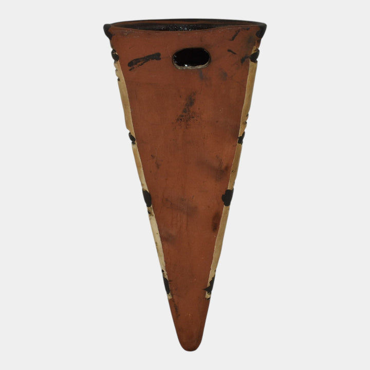 Weller Souevo 1910s Vintage Art Pottery Brown White Geometric Design Wall Pocket