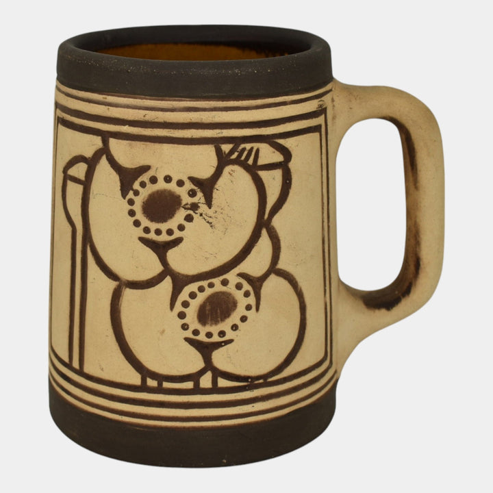 Weller Claywood 1910 Vintage Art Pottery Floral Brown Ceramic Mug