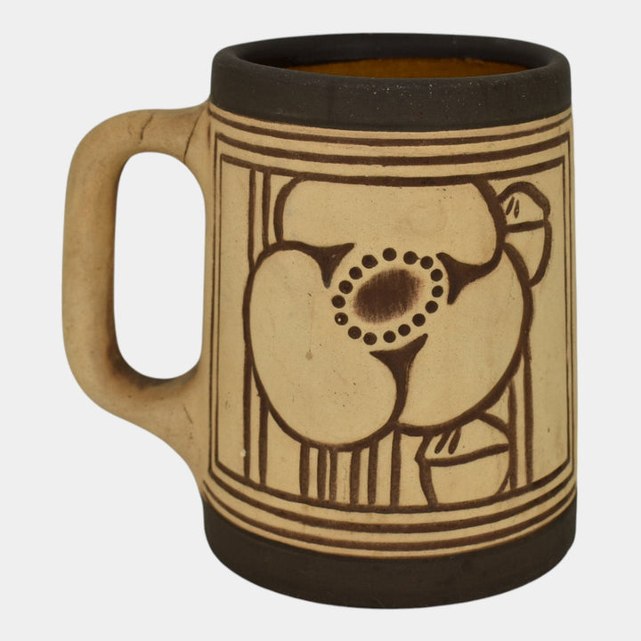 Weller Claywood 1910 Vintage Art Pottery Floral Brown Ceramic Mug