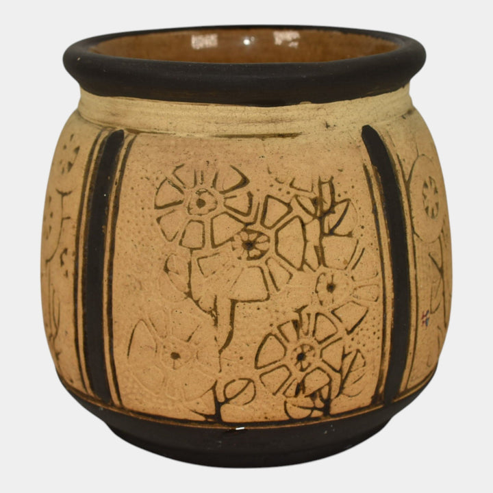 Weller Claywood 1910s Vintage Art Pottery Tan Floral Ceramic Jardiniere Planter - Just Art Pottery
