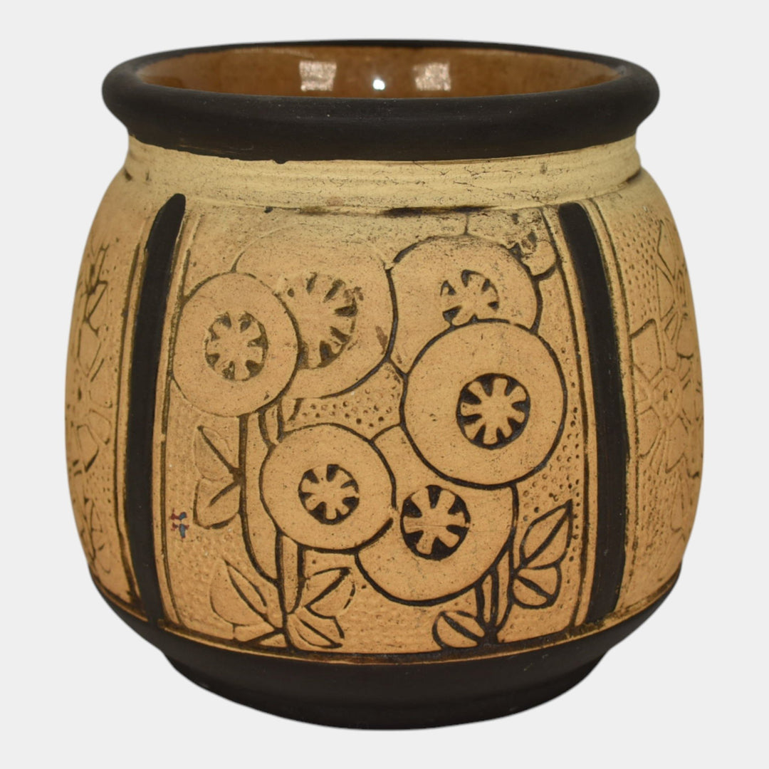 Weller Claywood 1910s Vintage Art Pottery Tan Floral Ceramic Jardiniere Planter - Just Art Pottery
