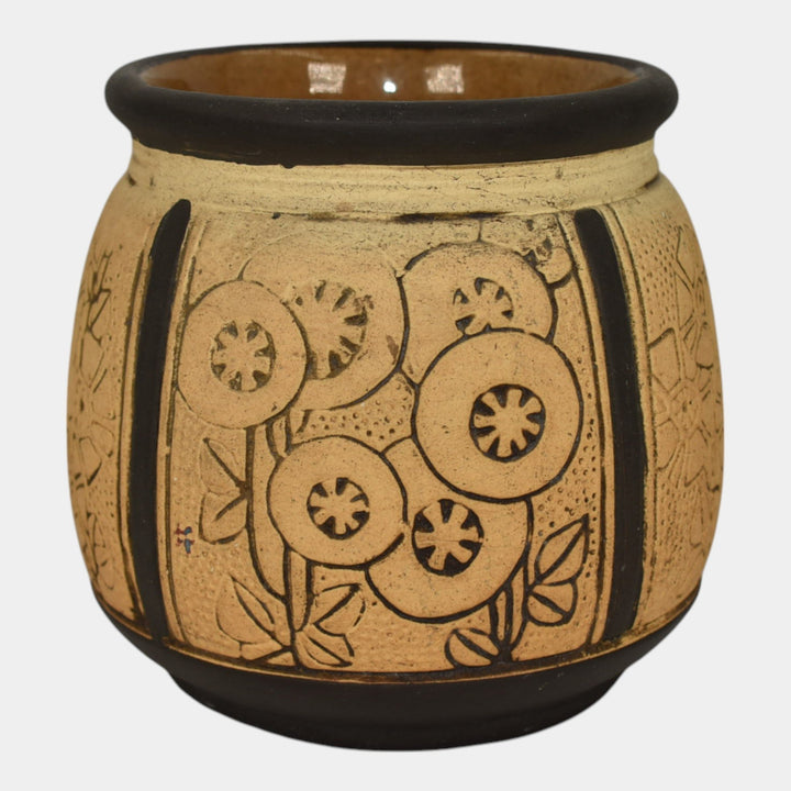 Weller Claywood 1910s Vintage Art Pottery Tan Floral Ceramic Jardiniere Planter - Just Art Pottery