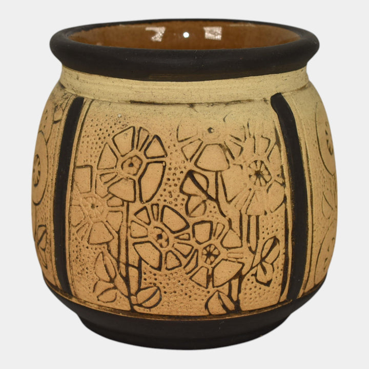 Weller Claywood 1910s Vintage Art Pottery Tan Floral Ceramic Jardiniere Planter - Just Art Pottery