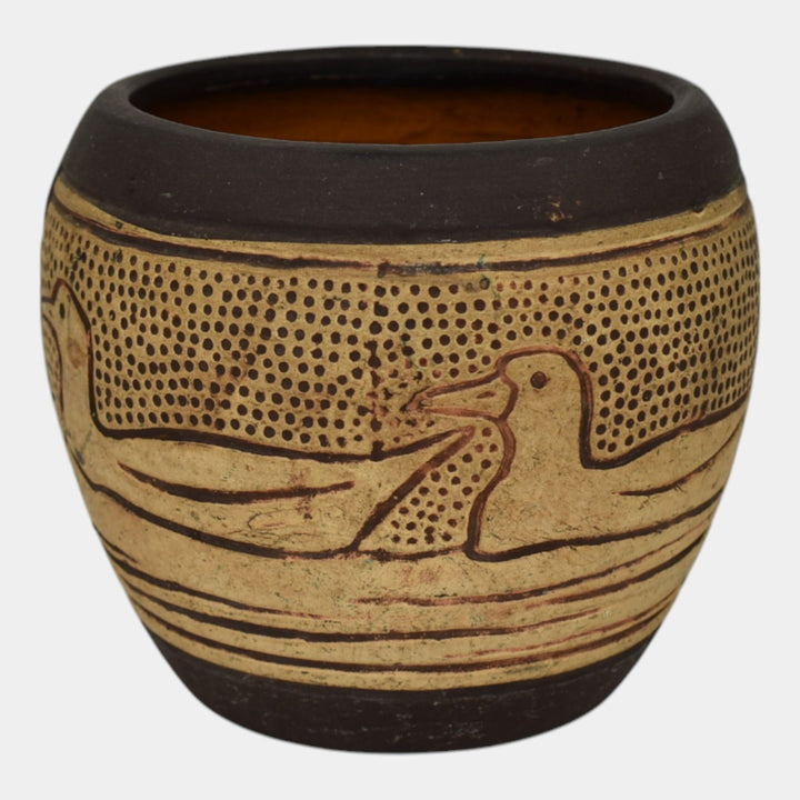 Weller Claywood 1910s Vintage Art Pottery Brown And Tan Ducks Ceramic Vase