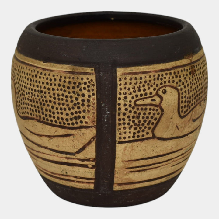 Weller Claywood 1910s Vintage Art Pottery Brown And Tan Ducks Ceramic Vase