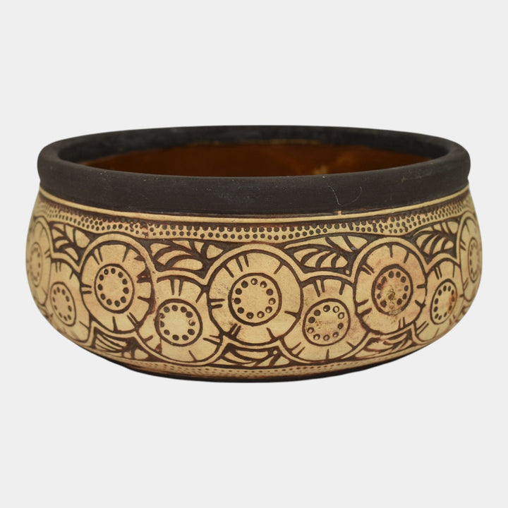 Weller Claywood 1910 Vintage Art Pottery Brown And Tan Floral Ceramic Bowl