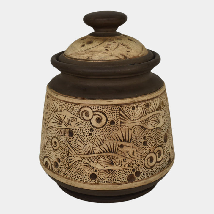 Weller Burntwood 1910 Vintage Art Pottery Brown And Tan Fish Ceramic Lidded Jar