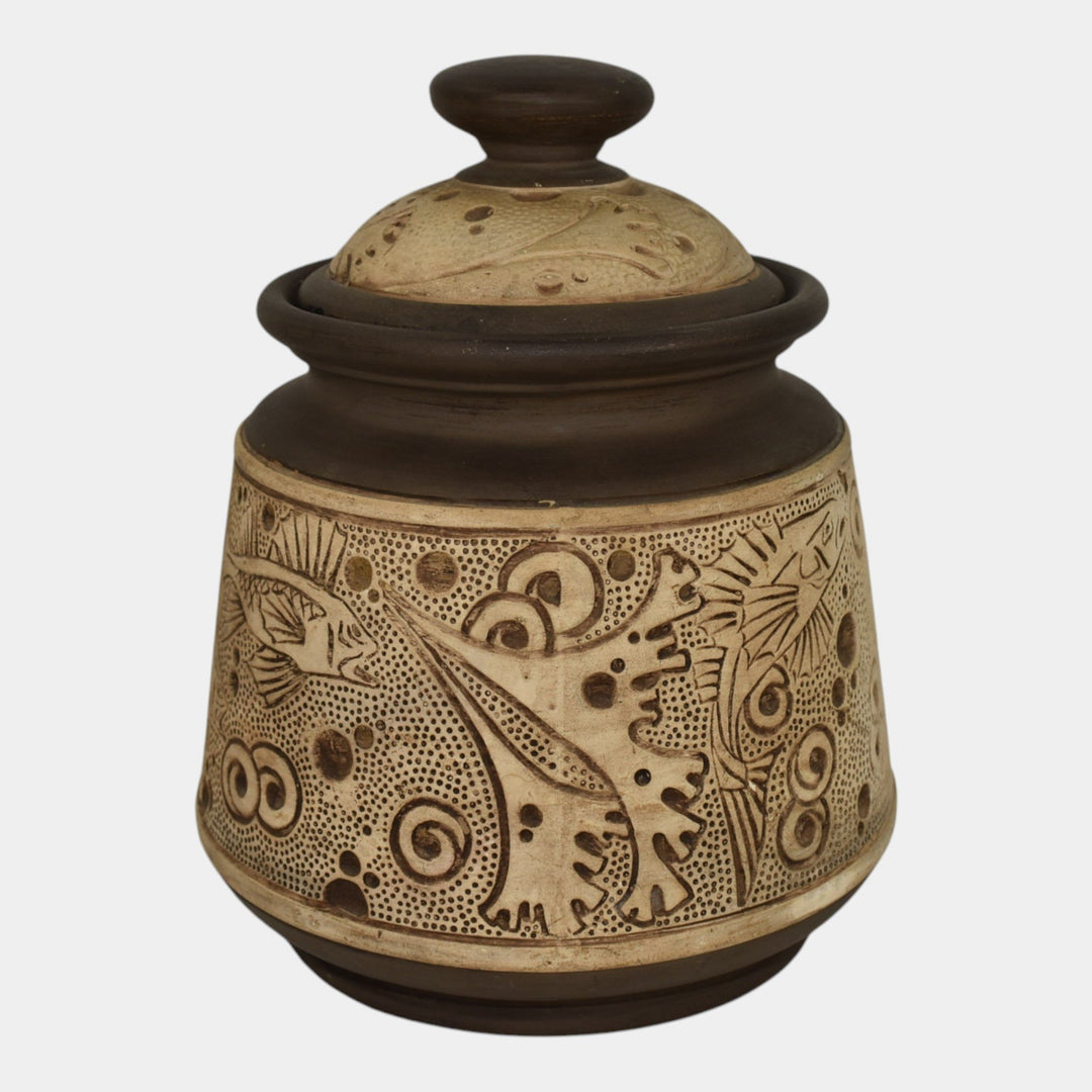 Weller Burntwood 1910 Vintage Art Pottery Brown And Tan Fish Ceramic Lidded Jar