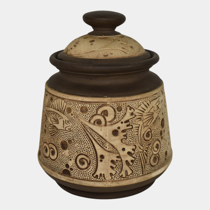 Weller Burntwood 1910 Vintage Art Pottery Brown And Tan Fish Ceramic Lidded Jar