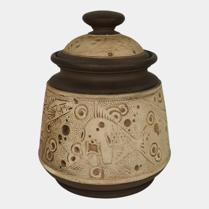 Weller Burntwood 1910 Vintage Art Pottery Brown And Tan Fish Ceramic Lidded Jar