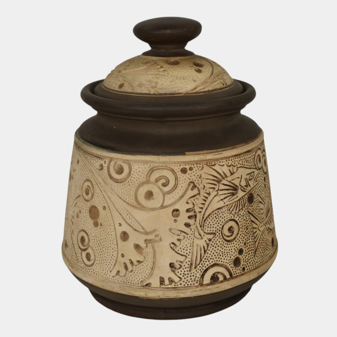 Weller Burntwood 1910 Vintage Art Pottery Brown And Tan Fish Ceramic Lidded Jar