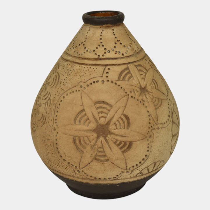 Weller Burntwood 1910 Vintage Art Pottery Tan And Brown Floral Ceramic Vase - Just Art Pottery