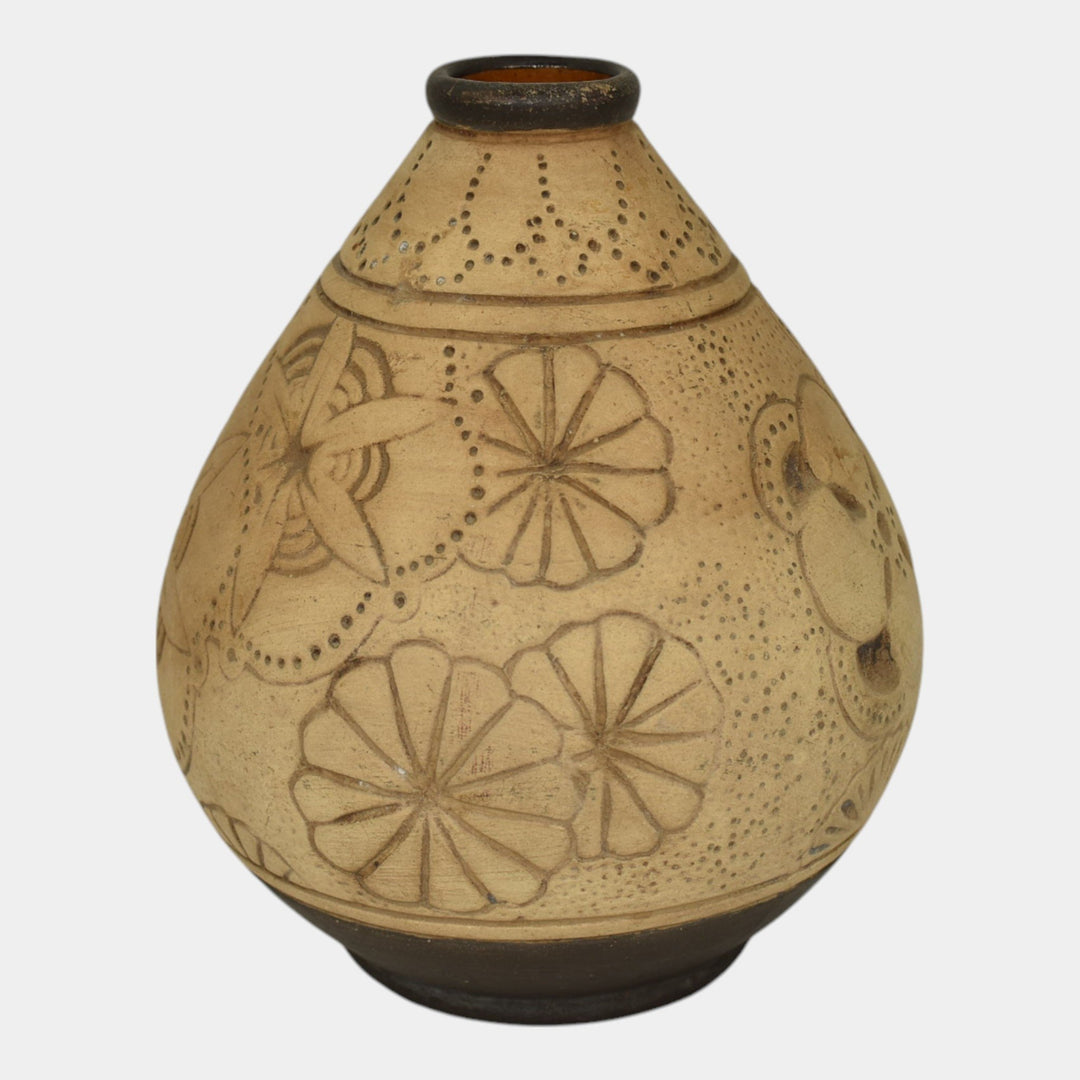 Weller Burntwood 1910 Vintage Art Pottery Tan And Brown Floral Ceramic Vase - Just Art Pottery