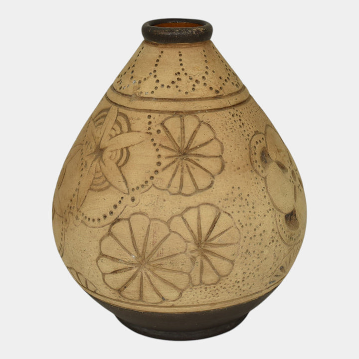 Weller Burntwood 1910 Vintage Art Pottery Tan And Brown Floral Ceramic Vase - Just Art Pottery
