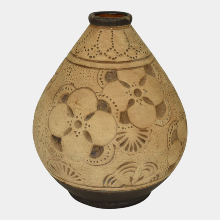 Weller Burntwood 1910 Vintage Art Pottery Tan And Brown Floral Ceramic Vase - Just Art Pottery