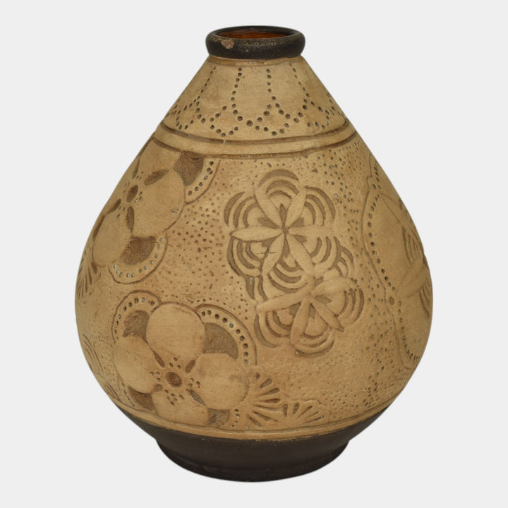 Weller Burntwood 1910 Vintage Art Pottery Tan And Brown Floral Ceramic Vase - Just Art Pottery