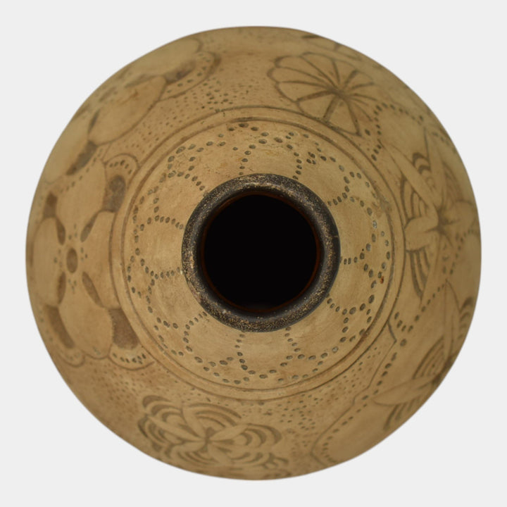 Weller Burntwood 1910 Vintage Art Pottery Tan And Brown Floral Ceramic Vase - Just Art Pottery