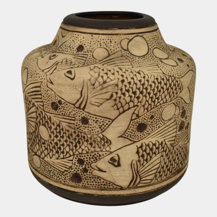 Weller Burntwood 1910s Vintage Art Pottery Tan Brown Fish Ceramic Flower Vase