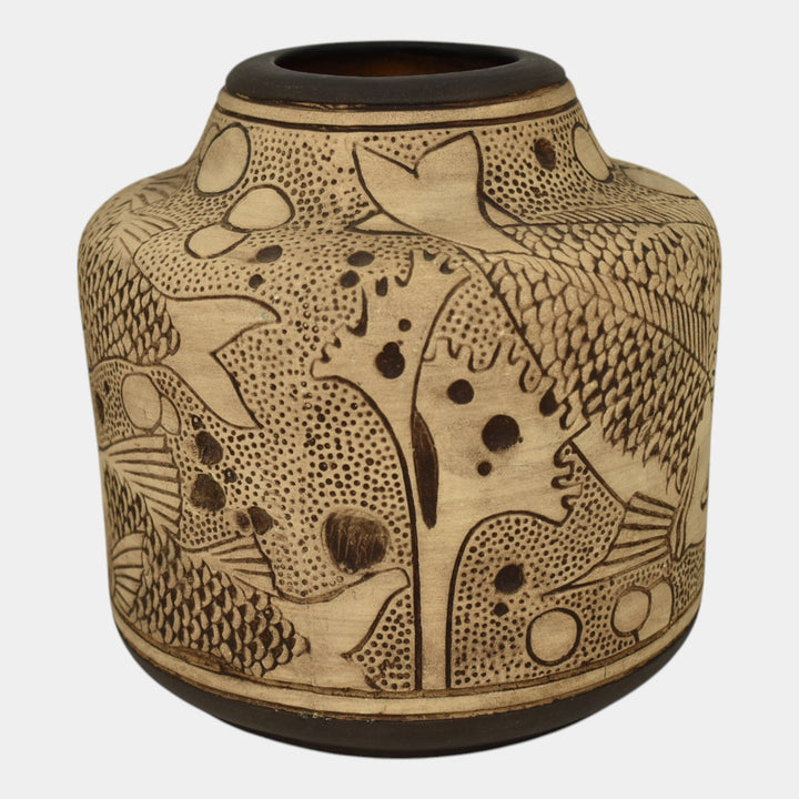 Weller Burntwood 1910s Vintage Art Pottery Tan Brown Fish Ceramic Flower Vase