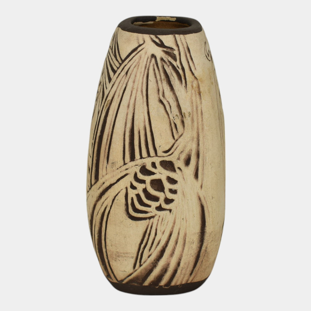 Weller Burntwood 1910 Vintage Art Pottery Brown Pine Cone Ceramic Vase