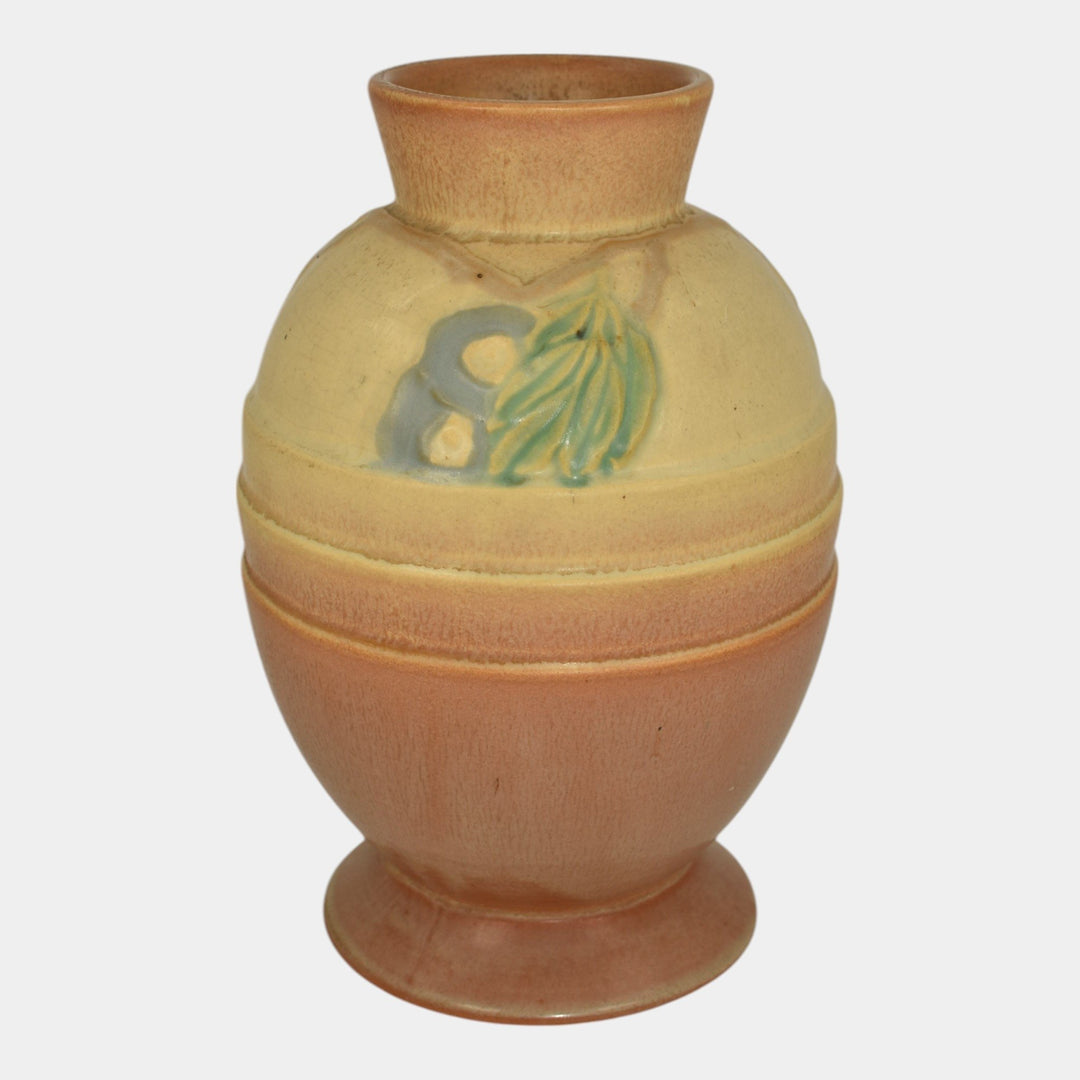 Roseville Futura Tan 1928 Vintage Art Deco Pottery Egg Vase With Leaves 428-8 - Just Art Pottery
