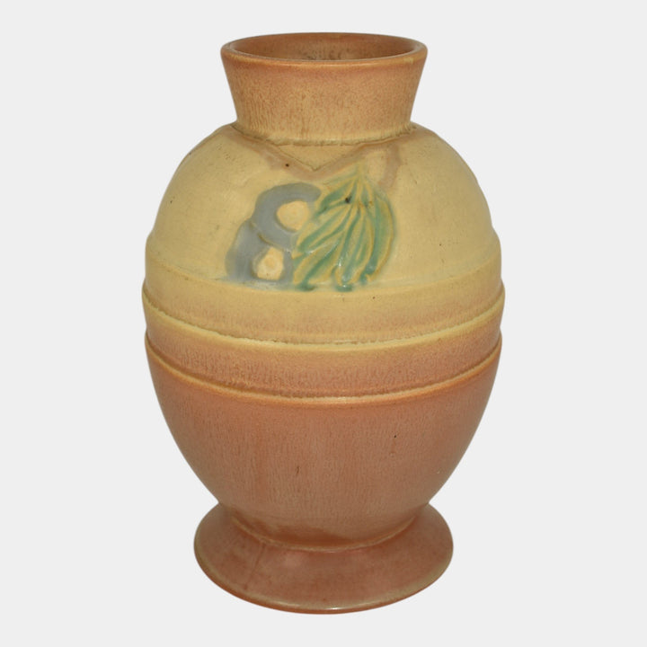 Roseville Futura Tan 1928 Vintage Art Deco Pottery Egg Vase With Leaves 428-8 - Just Art Pottery