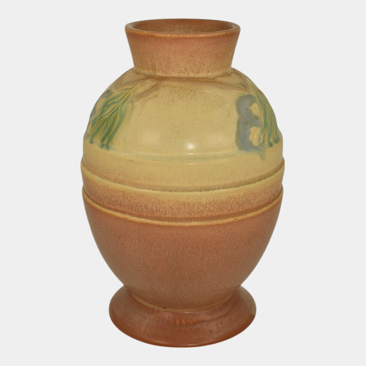 Roseville Futura Tan 1928 Vintage Art Deco Pottery Egg Vase With Leaves 428-8 - Just Art Pottery
