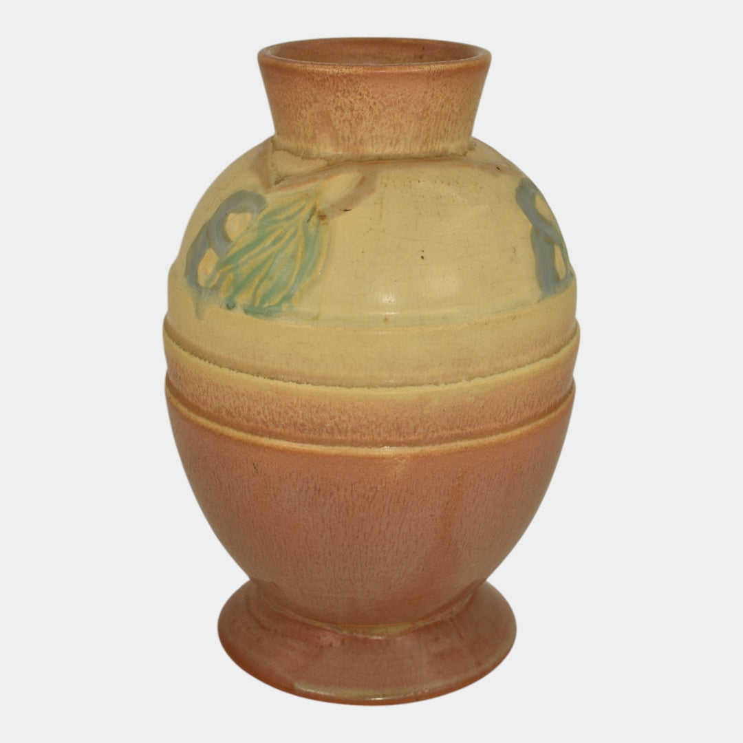 Roseville Futura Tan 1928 Vintage Art Deco Pottery Egg Vase With Leaves 428-8 - Just Art Pottery