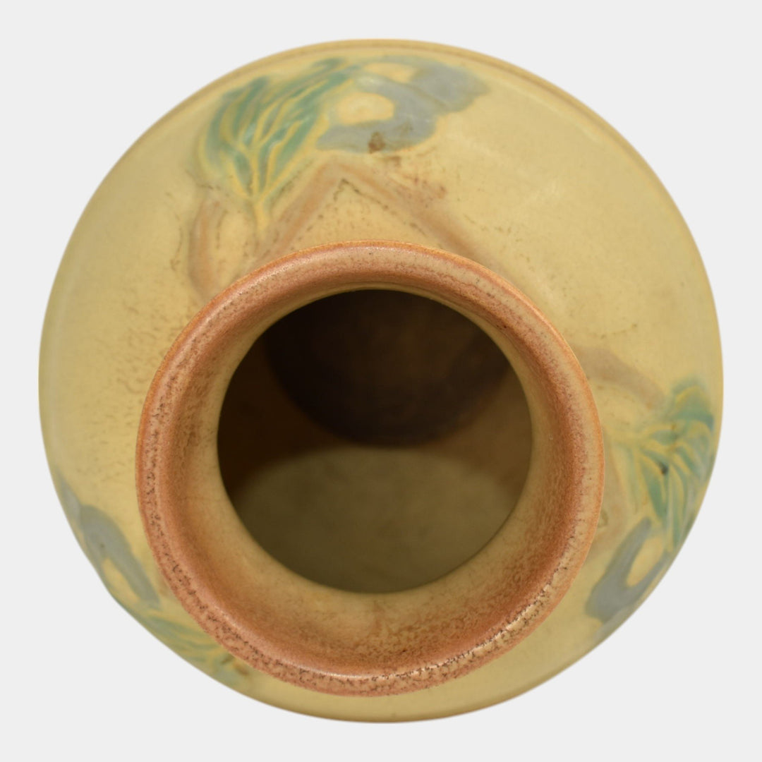 Roseville Futura Tan 1928 Vintage Art Deco Pottery Egg Vase With Leaves 428-8 - Just Art Pottery