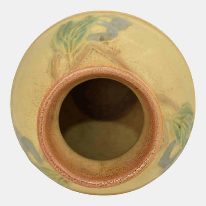 Roseville Futura Tan 1928 Vintage Art Deco Pottery Egg Vase With Leaves 428-8 - Just Art Pottery