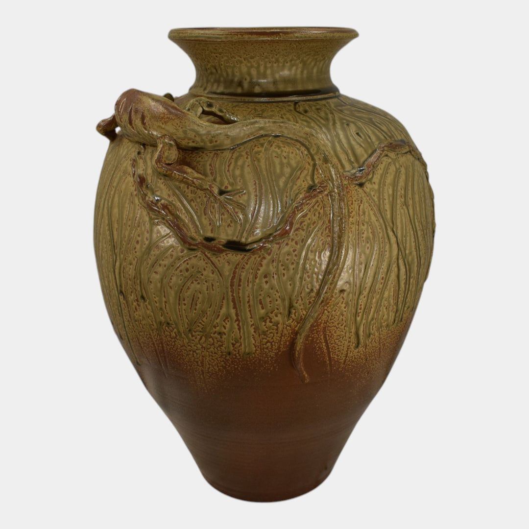 Door Studio Art Pottery 2007 Hand Thrown Brown Lizard And Cricket Floor Vase
