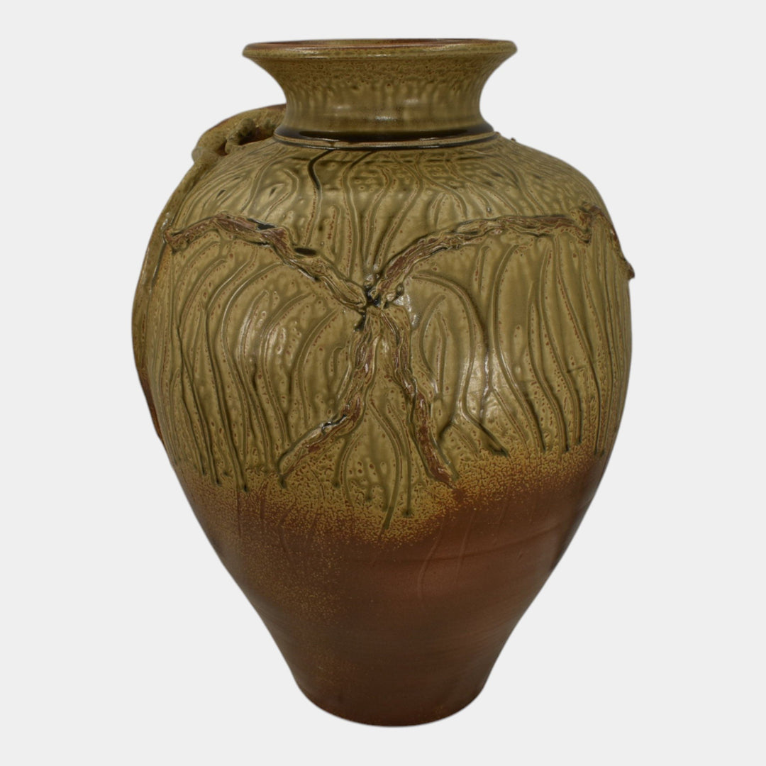 Door Studio Art Pottery 2007 Hand Thrown Brown Lizard And Cricket Floor Vase