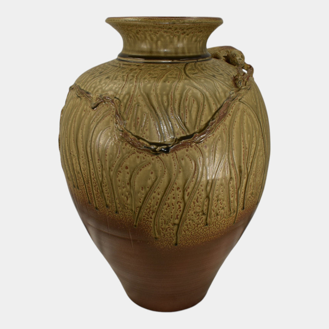 Door Studio Art Pottery 2007 Hand Thrown Brown Lizard And Cricket Floor Vase
