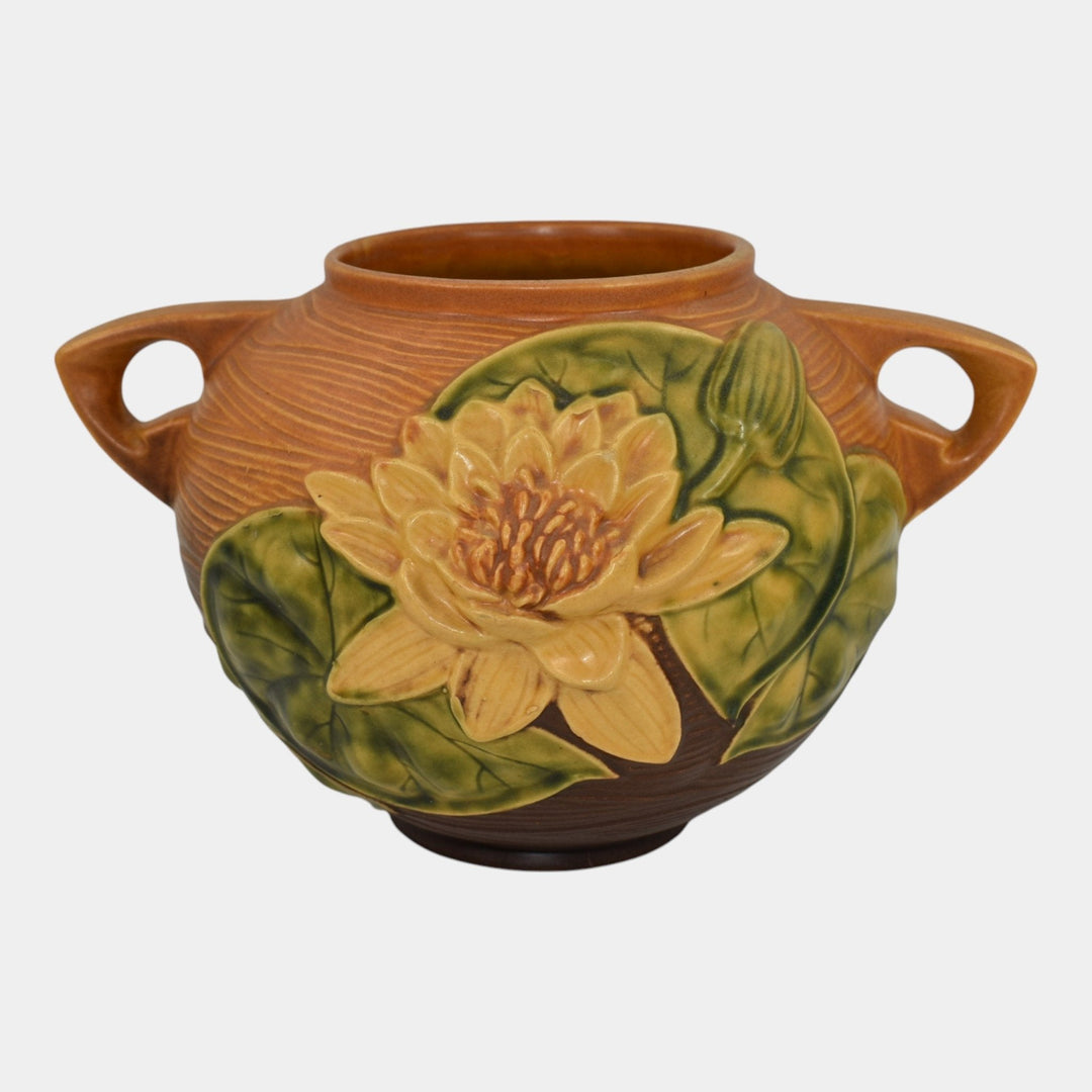 Roseville Water Lily Brown 1943 Vintage Art Pottery Ceramic Bowl Vase 437-6 - Just Art Pottery