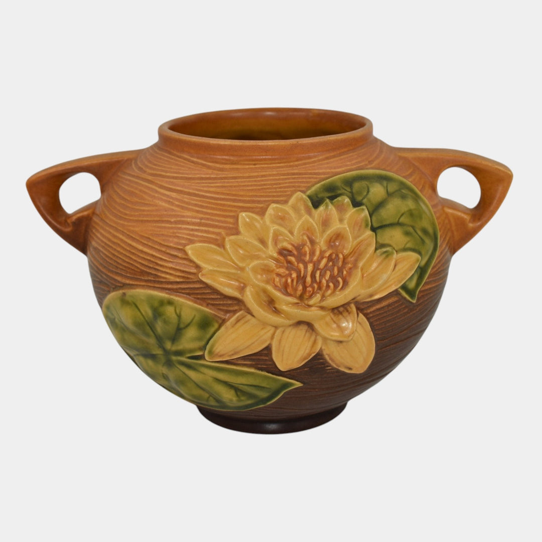 Roseville Water Lily Brown 1943 Vintage Art Pottery Ceramic Bowl Vase 437-6 - Just Art Pottery