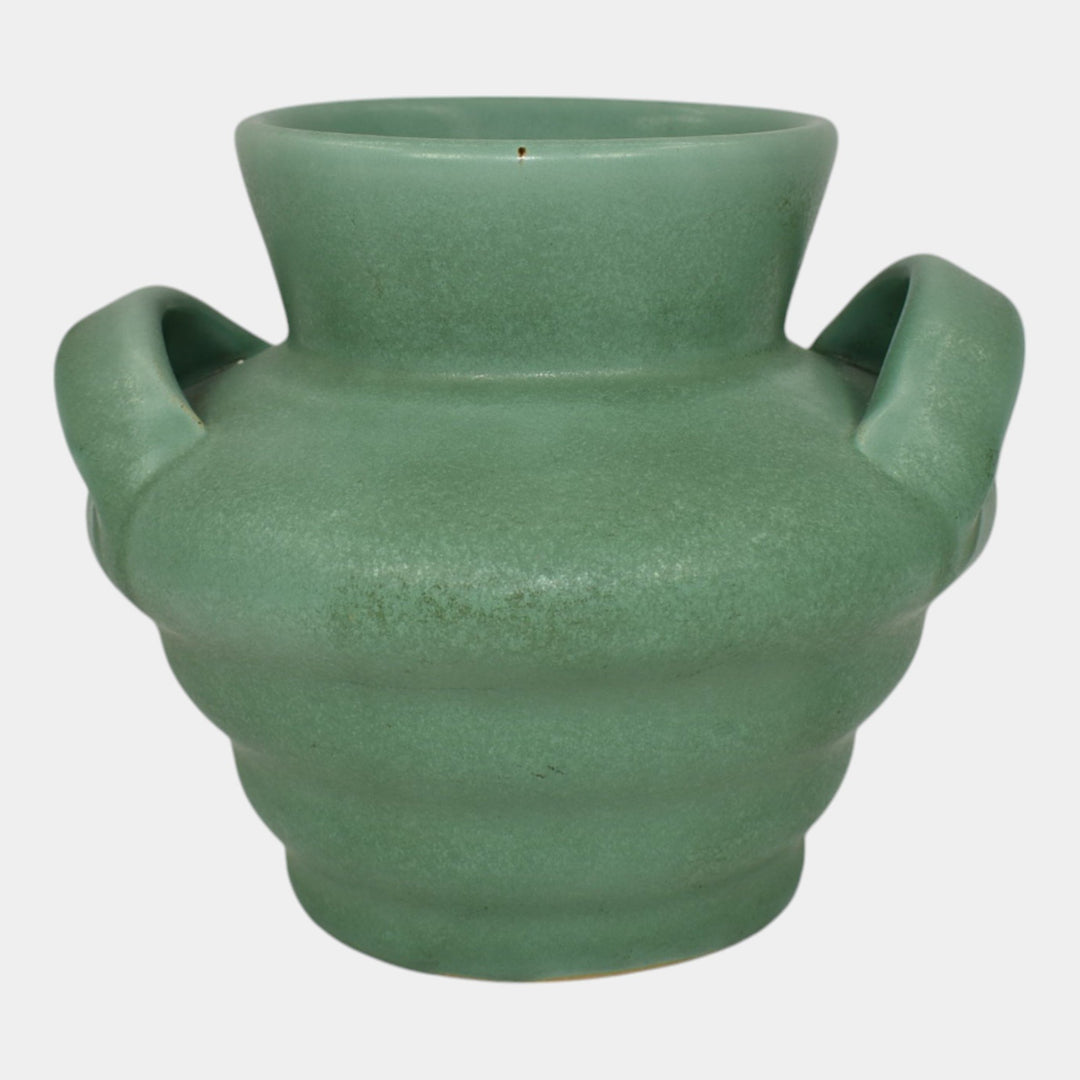 Camark Art Deco Pottery Matte Green Ceramic Strap Handled Ribbed Vase