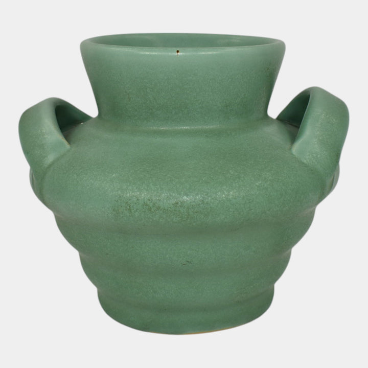 Camark Art Deco Pottery Matte Green Ceramic Strap Handled Ribbed Vase