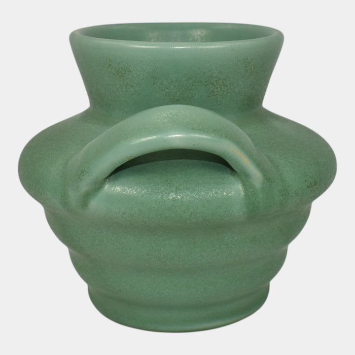 Camark Art Deco Pottery Matte Green Ceramic Strap Handled Ribbed Vase