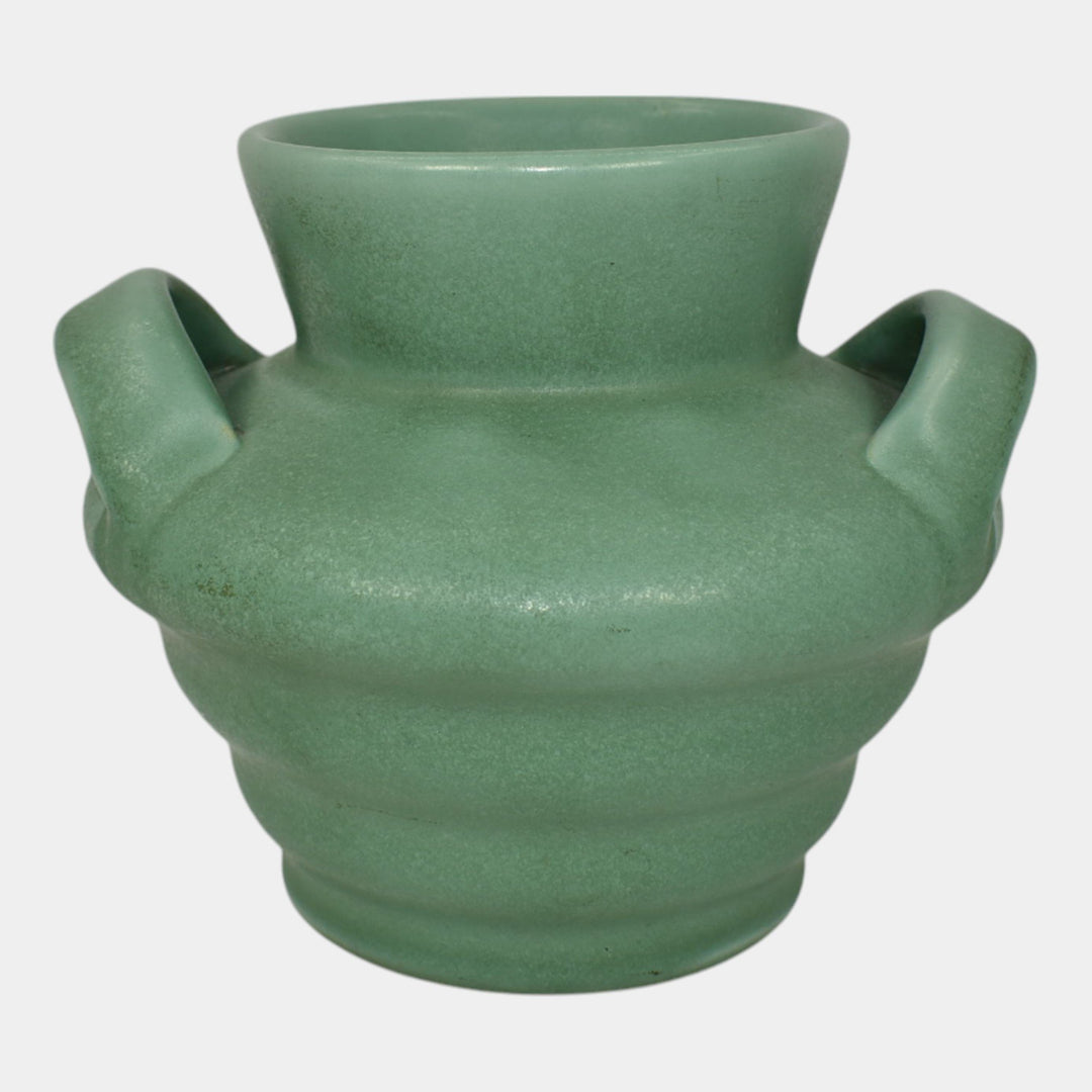 Camark Art Deco Pottery Matte Green Ceramic Strap Handled Ribbed Vase