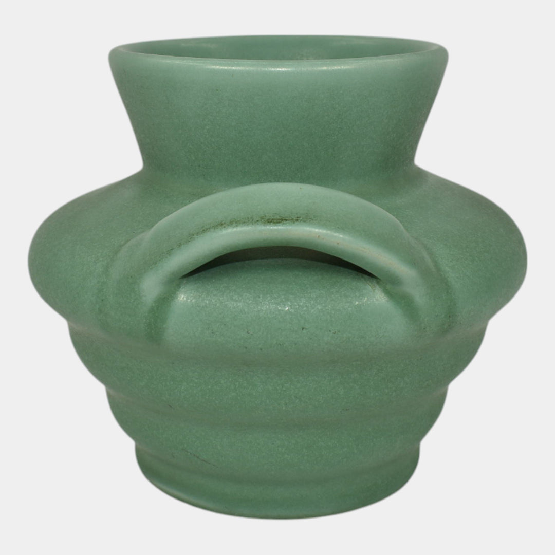 Camark Art Deco Pottery Matte Green Ceramic Strap Handled Ribbed Vase