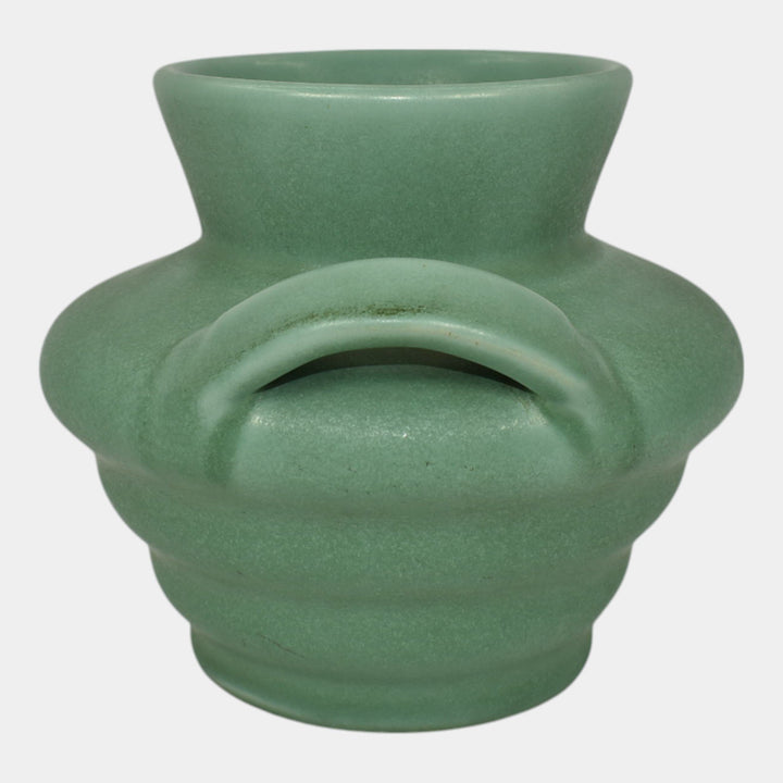 Camark Art Deco Pottery Matte Green Ceramic Strap Handled Ribbed Vase