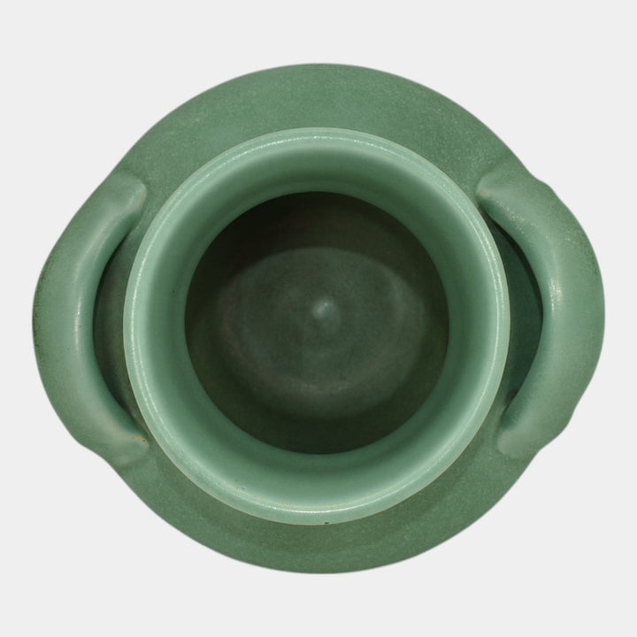 Camark Art Deco Pottery Matte Green Ceramic Strap Handled Ribbed Vase