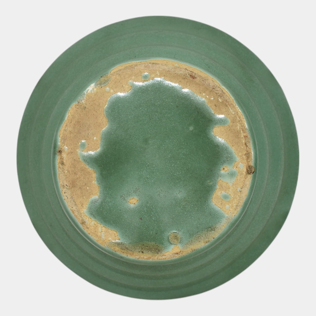 Camark Art Deco Pottery Matte Green Ceramic Strap Handled Ribbed Vase