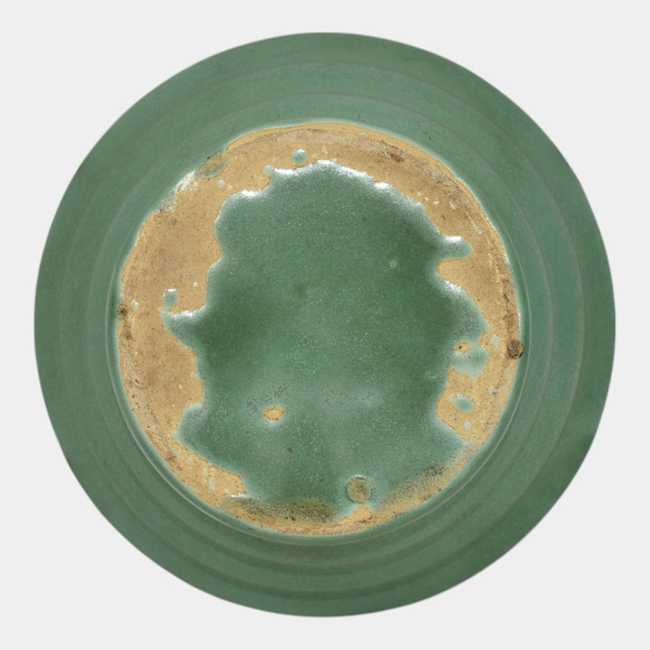 Camark Art Deco Pottery Matte Green Ceramic Strap Handled Ribbed Vase