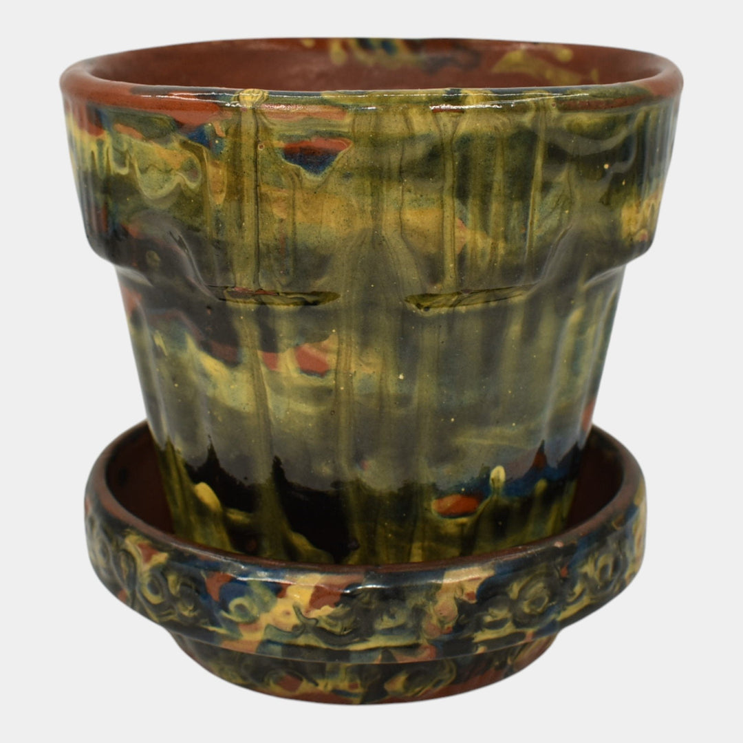 Peters and Reed Marbleized 1920s Arts And Crafts Pottery Flower Pot And Saucer 5