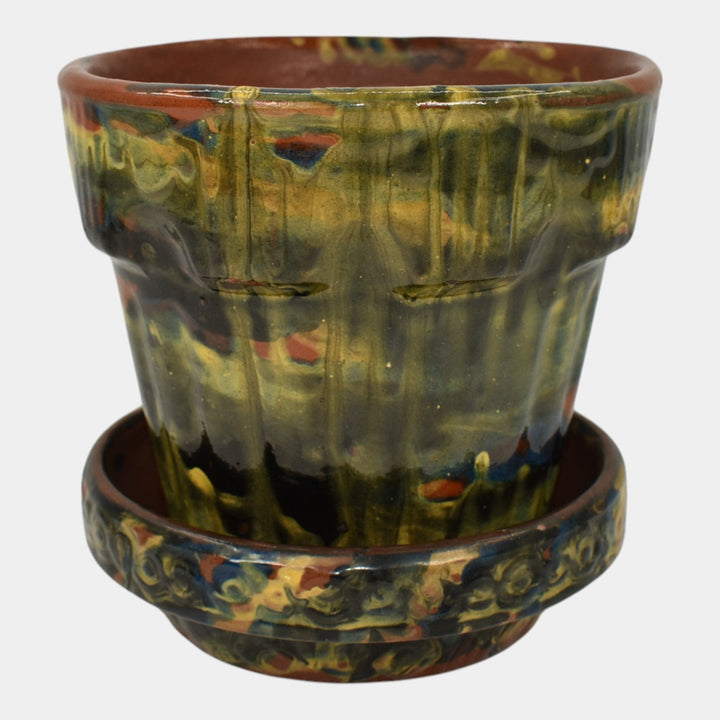 Peters and Reed Marbleized 1920s Arts And Crafts Pottery Flower Pot And Saucer 5