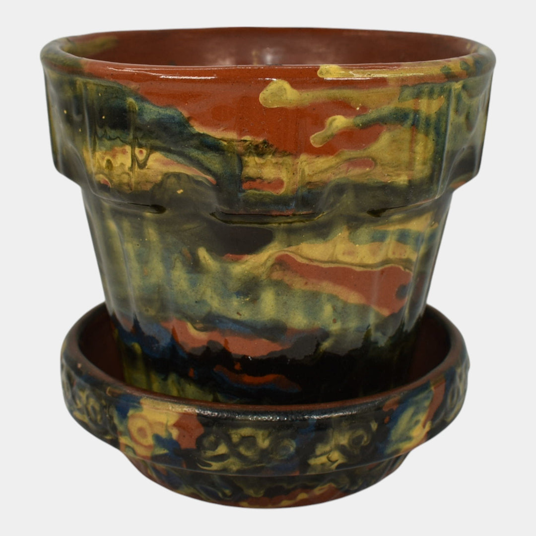 Peters and Reed Marbleized 1920s Arts And Crafts Pottery Flower Pot And Saucer 5