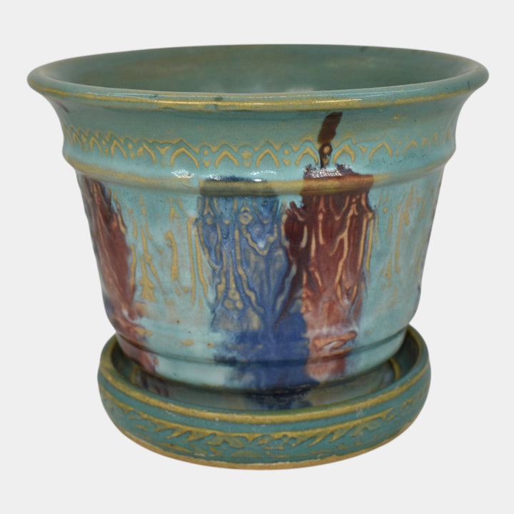 Hull Pottery Early Art 1920s Stoneware Colorful Flower Pot Planter Saucer 540-6