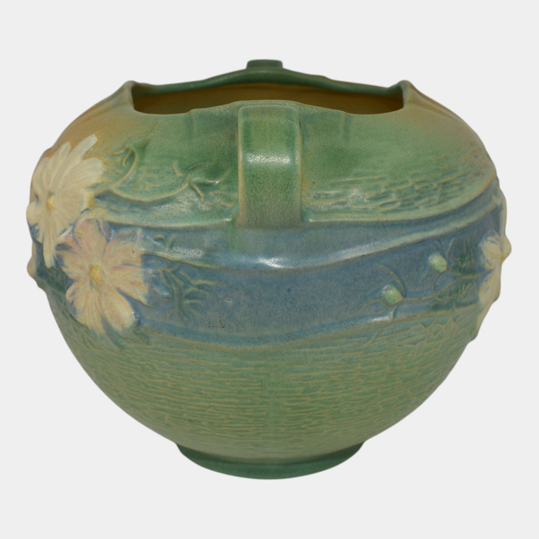 Roseville Cosmos Green 1939 Vintage Art Pottery Ceramic Handled Bowl Vase 376-6